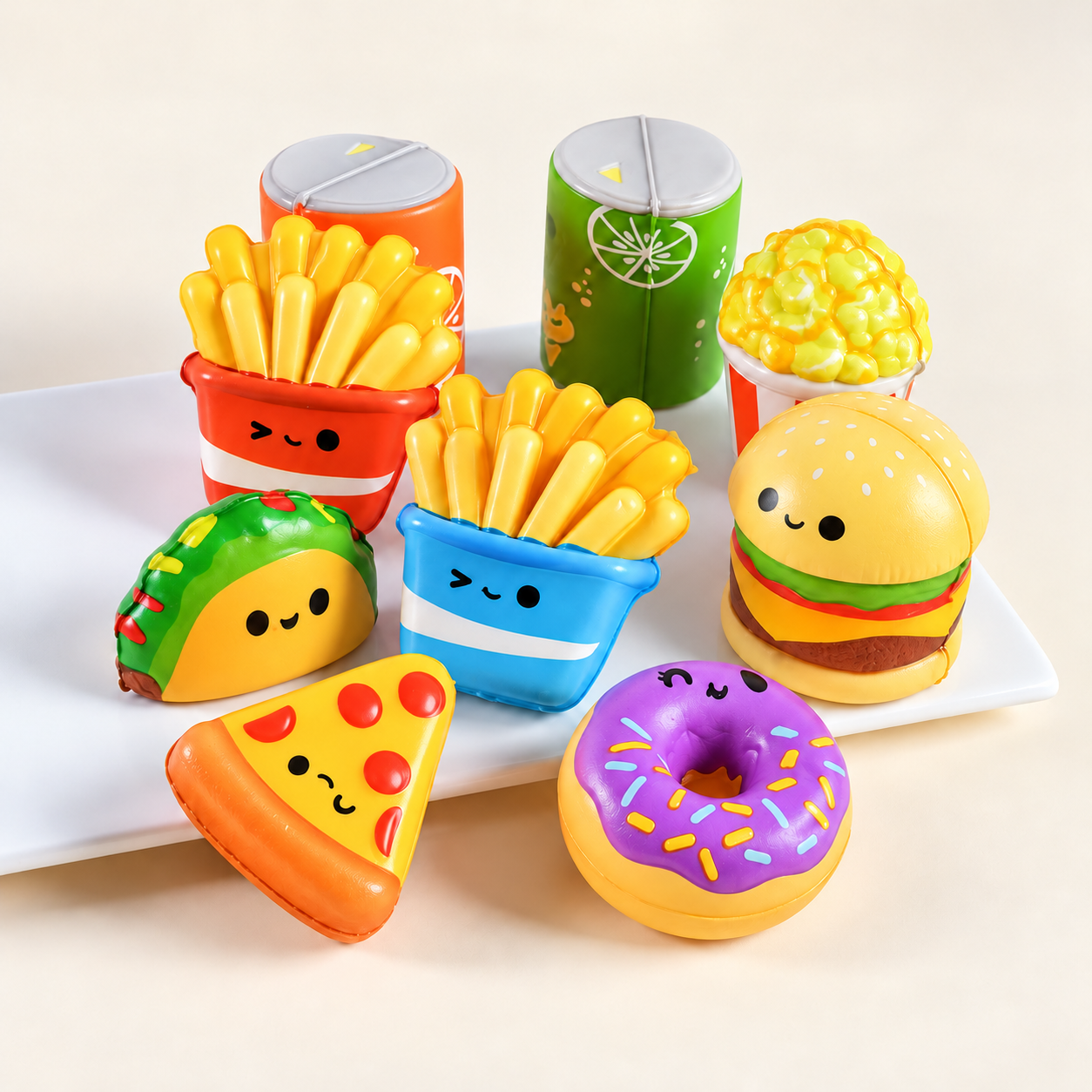 A collection of smiling food-inspired mini squishies