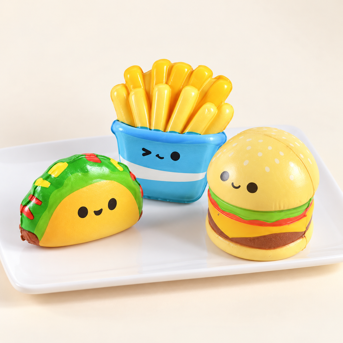 AI-styled burger, fries and taco toy view; designs are illustrative