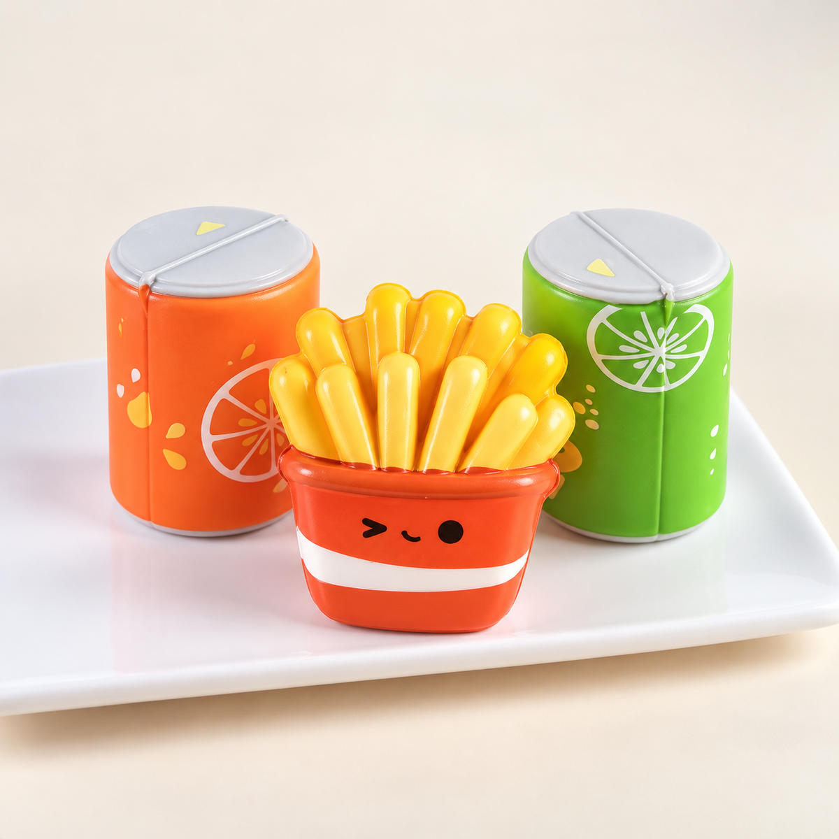 AI-styled drink cans and fries toy view; designs are illustrative
